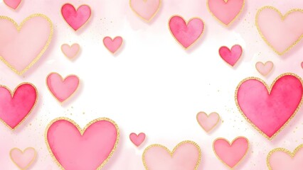 Beautiful watercolor hearts with shimmering gold borders scattered across a bright white background creating a festive love theme perfect for celebrations