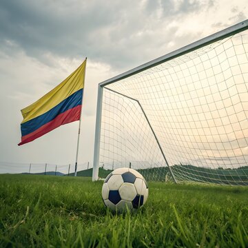 Colombian flag near soccer goal