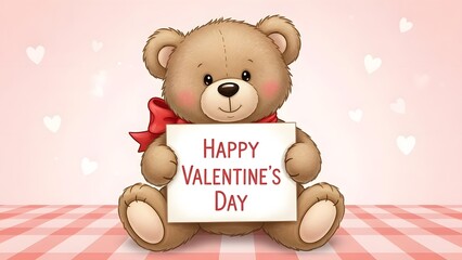 Adorable plush teddy bear holding a heartfelt sign wishing everyone a very happy valentine's day celebration with sweet affection and love