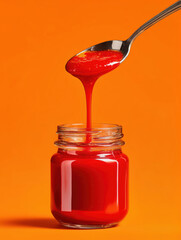 Vibrant Red Tomato Sauce Pouring from Silver Spoon into Glass Jar on Orange Background created with Generative AI Technology, ai, generative