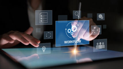 Workflow optimization concept featuring interconnected gears, task management, collaboration,...