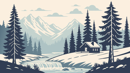 Cozy Winter Cabin by Snowy River Waterfall Serene Mountain Landscape for Holiday Travel Web Design or Seasonal Greeting Card Background