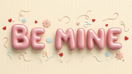 Pink inflatable balloons spelling out the romantic phrase be mine adorned with tiny hearts and cheerful floral cutouts against a light textured background.