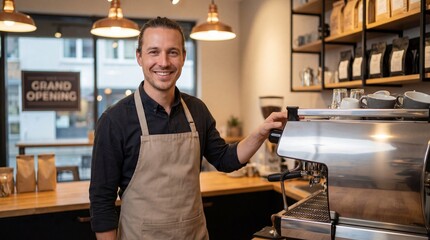 Smiling barista at new caf&eacute; opening standing by espresso machine  