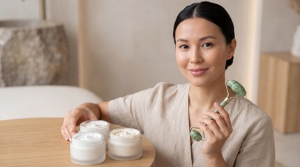 Beautician holding jade roller and skincare jars in modern salon  
