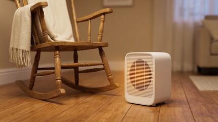 Room heater beside rocking chair in cozy living room setting  