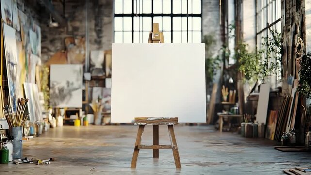 Artist prepares canvas for painting in studio filled with art supplies and works