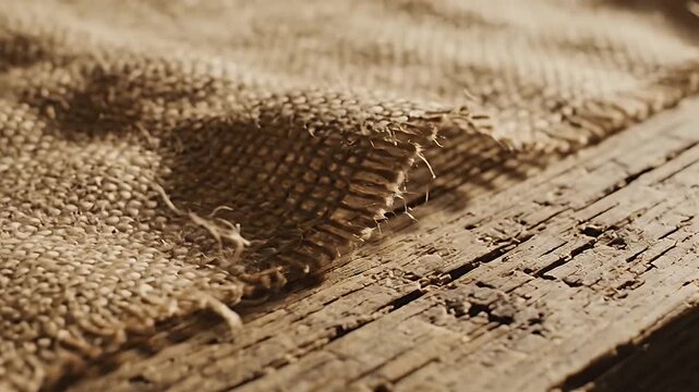 Rustic Charm: A Close-Up View of Burlap Fabric on Aged Wooden Texture Background