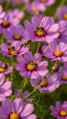 Obraz premium Pink flowers with busy bees collecting pollen.