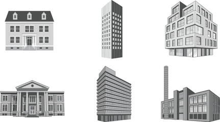 Architectural buildings vector illustration set featuring residential commercial office and industrial structures in monochrome flat style for urban design real estate and construction projects