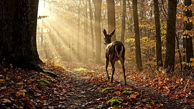 A young deer walking through a sunlit autumn forest with golden leaves and light rays