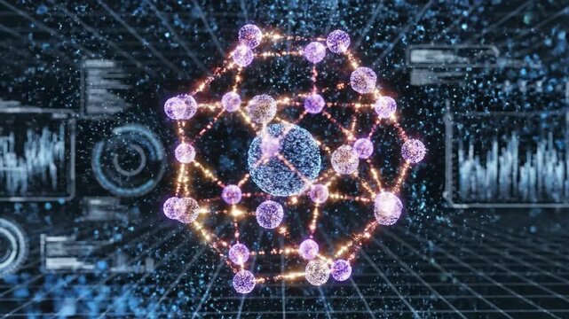 Glowing molecular network with central nucleus and luminous particle nodes connecting filaments into holographic data grid chart, blue and green particle stream with particle nucleus over digital