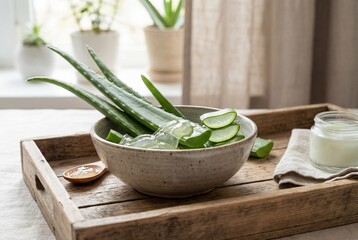 Fresh Aloe Vera Leaves and Gel in Bowl on Wooden Tray - Natural Skincare Ingredients with Sliced Plant, Spoon and Cream Jar, Organic Beauty Wellness Concept in Soft Natural Light Home Spa Setting