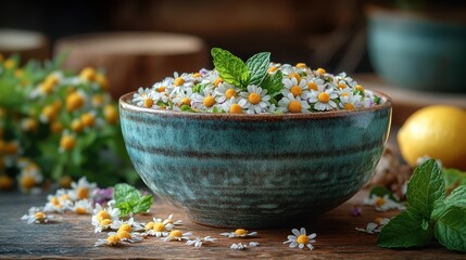 A bowl of chamomile flowers and mint.