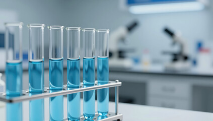 Laboratory test tubes with blue liquid research science medical healthcare background copy space chemistry biology experiment discovery pharmacy professional equipment clinical study