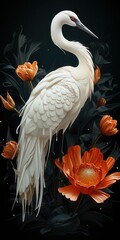 A majestic white crane elegantly poses among vibrant orange flowers, set against a dark background.