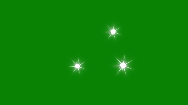 twinkling star motion graphics, looped shimmering light effect, flat vector doodle sparkle,  Star light effect, shiny Optical flare light with sparkle rays rotating on green screen background.4k