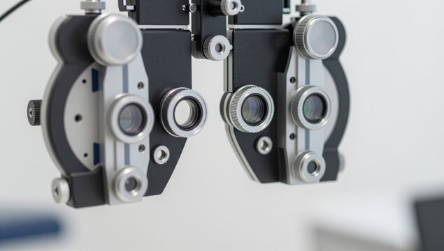 Eye exam ophthalmology equipment close up optical lens vision correction medical healthcare professional background copy space diagnostic clinic treatment optics