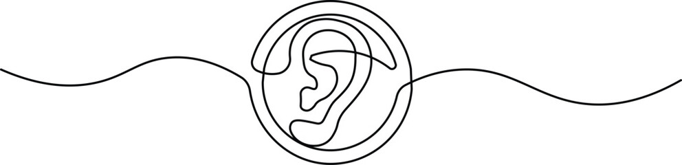 Continuous one-line drawing of an ear inside a circle. Minimalist medical symbol for hearing and audiology. Simple black line art on a white background.