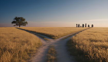 Fototapeta premium Forking path in golden field leading to choices
