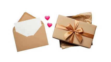 Brown envelope and gift box with hearts isolated on transparent background