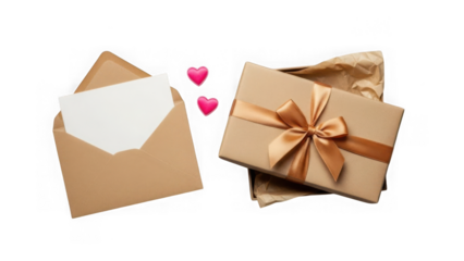 Brown envelope and gift box with hearts isolated on transparent background