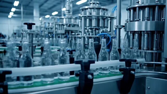 Automated production line filling glass water bottles in a factory