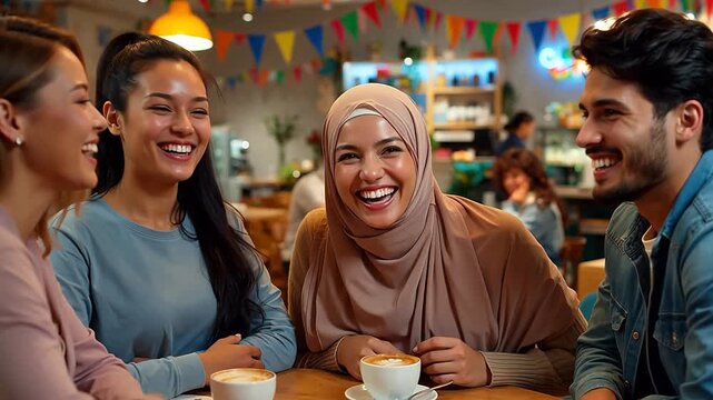 Joyful diverse friends sharing laughter and coffee in a modern, decorated cafe