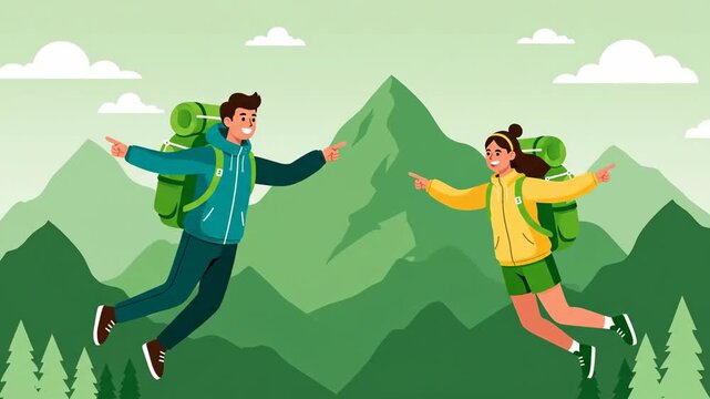 Animated Hikers Discovering New Scenic Views in Green Mountain Range Landscape Motion Graphics