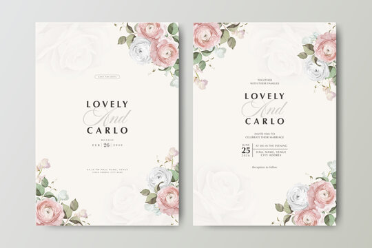 floral wedding card set template with bouquet ranunculus flower and creamy background

