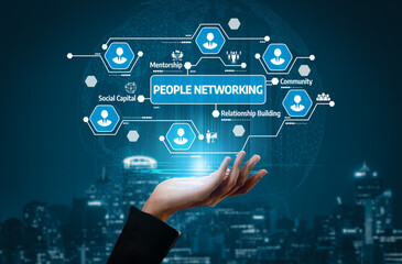Conceptual image illustrating the idea of people networking with visual elements representing community, mentorship and social capital against a modern city backdrop. Tessel