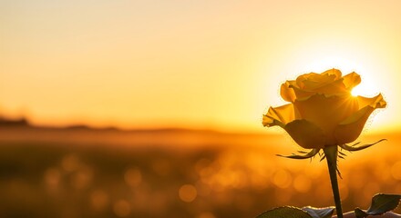 Yellow rose backlit by sunset with warm golden bokeh and soft light