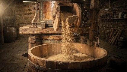 Medium shot showcasing a raised platform grain mill and grist case processing crushed malt above a wooden mash tun emphasizing industrial heritage and craftsmanship.
