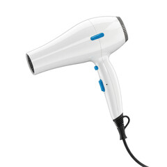 Fototapeta premium Sleek, modern white hairdryer with high-gloss reflective finish and vibrant blue control buttons, isolated against a pristine transparent background with copy space, concept for high-tech product