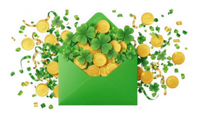 Lucky green envelope overflowing with gold coins and shamrocks isolated on transparent background