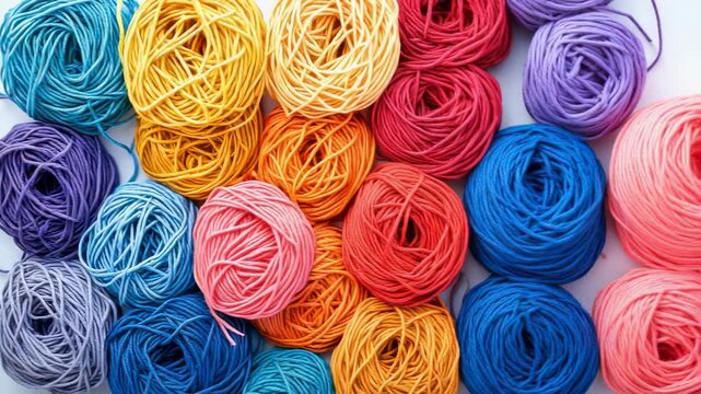 Collection of colorful yarn balls arranged in a creative pattern on a white surface for craft projects