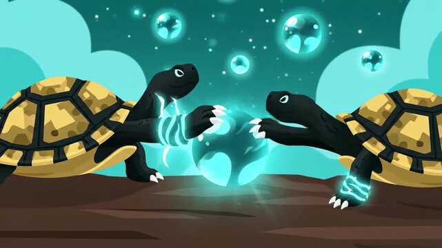 Animated Journey Of Magical Turtles In A Mystical Environment With Glowing Elements