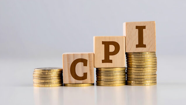 Wooden blocks with letters C P I on stacks of gold coins transparent background