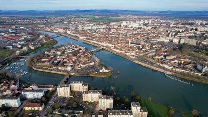 Aerial view of the old town of Riom in France on a sunny afternoon in spring.