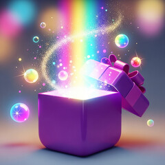 Magic gift box opening with glowing rainbow light and floating bubbles, fantasy surprise concept symbolizing joy, imagination and celebration, 3D illustration