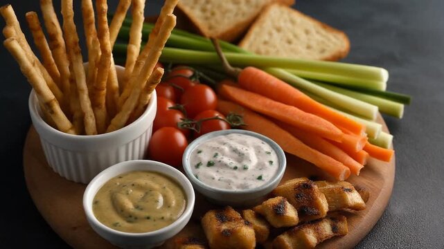 Assortment of breadsticks, carrots, celery, tomatoes, dips, bread slices, and mushrooms arranged on a circular wooden platter