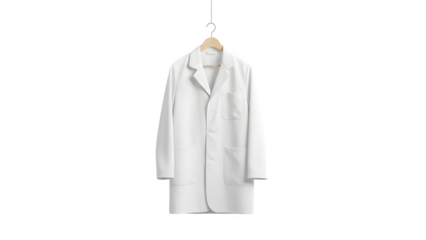 White laboratory coat hanging on wooden hanger isolated on transparent background