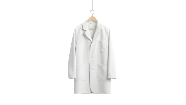 White laboratory coat hanging on wooden hanger isolated on transparent background