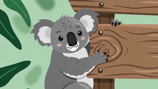 Animated Koala Climbing on Wooden Sign Among Lush Green Foliage And Trees