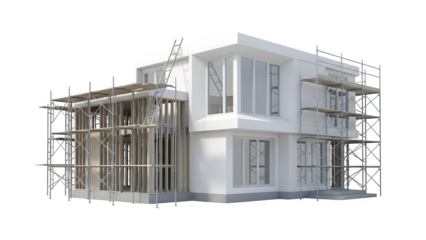 Modern white house under construction with scaffolding and exposed framing on a transparent background