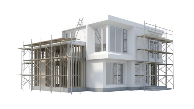 Modern white house under construction with scaffolding and exposed framing on a transparent background - Powered by Adobe