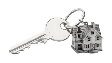 Silver house shaped key chain with key isolated on transparent background