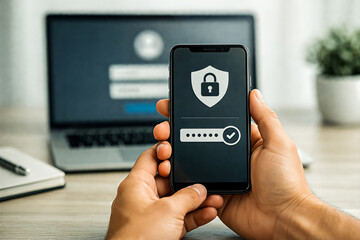 Two-factor authentication security concept with hands holding smartphone displaying padlock and password login interface
