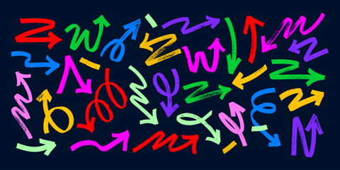 Creative set of vibrant neon multi-colored arrows, hand-drawn pointers and abstract brush stroke symbols in urban graffiti style. Vector abstract pattern of messy directional for design projects.