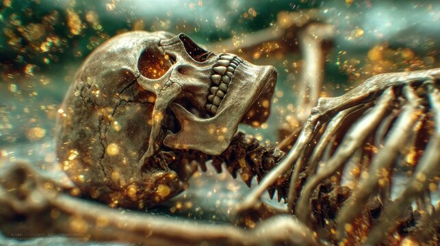 Skeleton lies on ground with dust and particles floating around in an outdoor setting during day